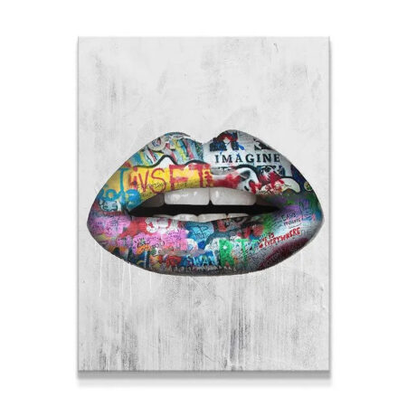 Detailed close-up of the layered paint and colorful text featured on the Graffiti Lips canvas art.