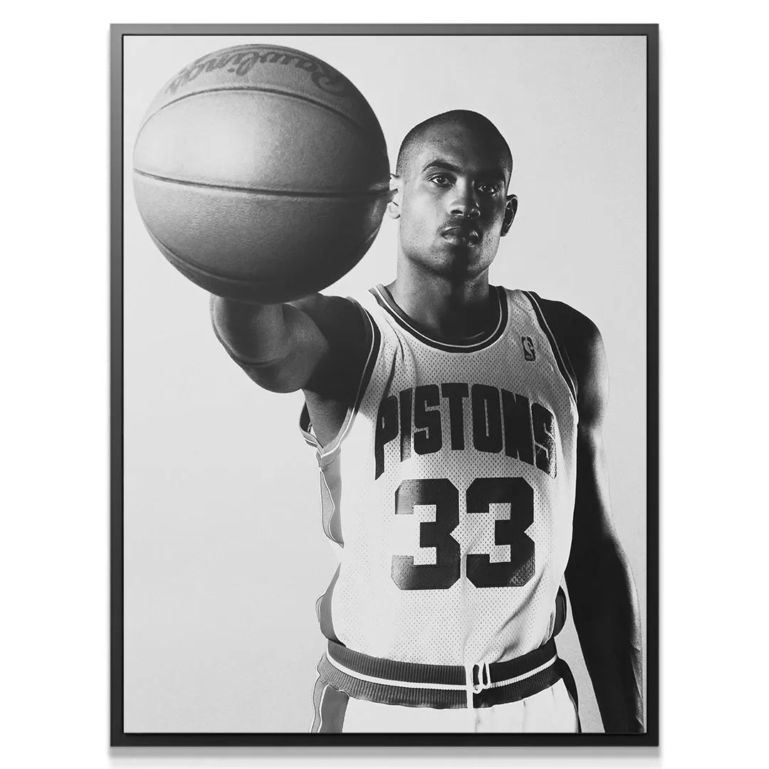 Full body portrait of Grant Hill - #2 showcasing the vintage Detroit Pistons uniform #33 details.
