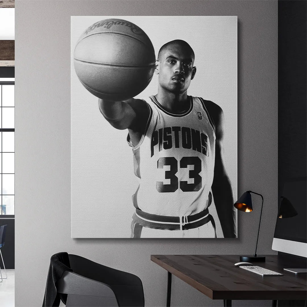 Black and white lifestyle image of the framed wall art titled Grant Hill - #2 hanging in a modern living space.
