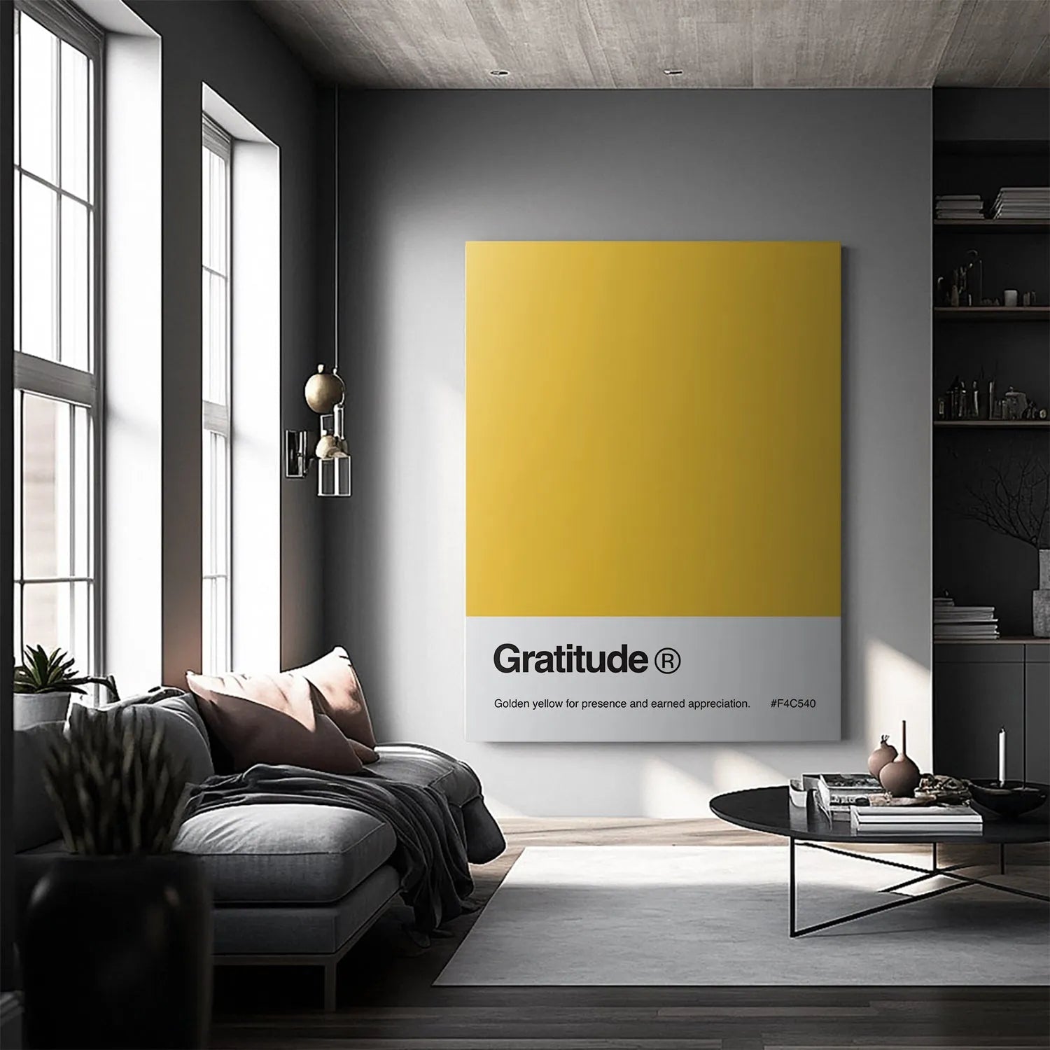 Macro view of the rich golden yellow hue (#F4C540) color block section of the motivational Gratitude Palette.