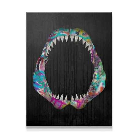 Full view of the Great White Vandal graffiti shark jaws canvas artwork, centered on black.