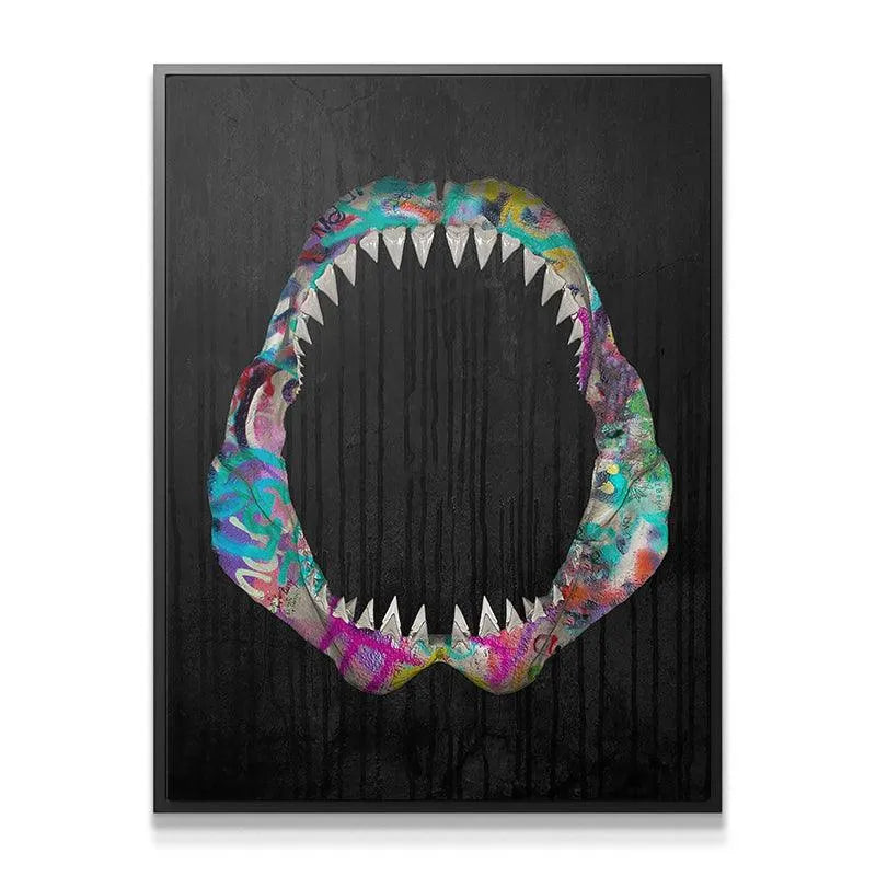 Close-up on the upper teeth detail of the Great White Vandal street art print.