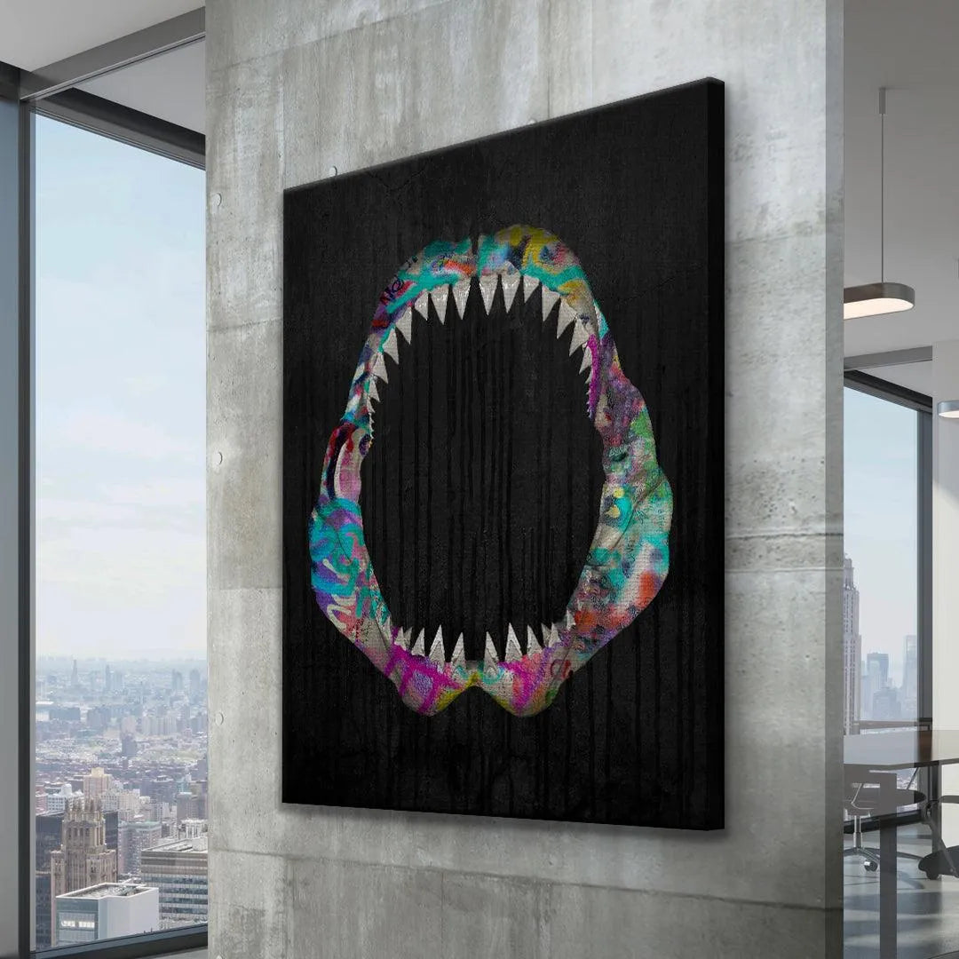 Artistic rendering of the Great White Vandal shark mouth from a slight angled perspective.