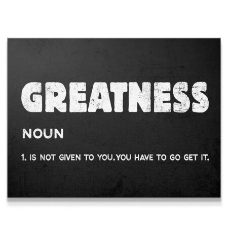 Close-up texture detail of the distressed white text defining Greatness.