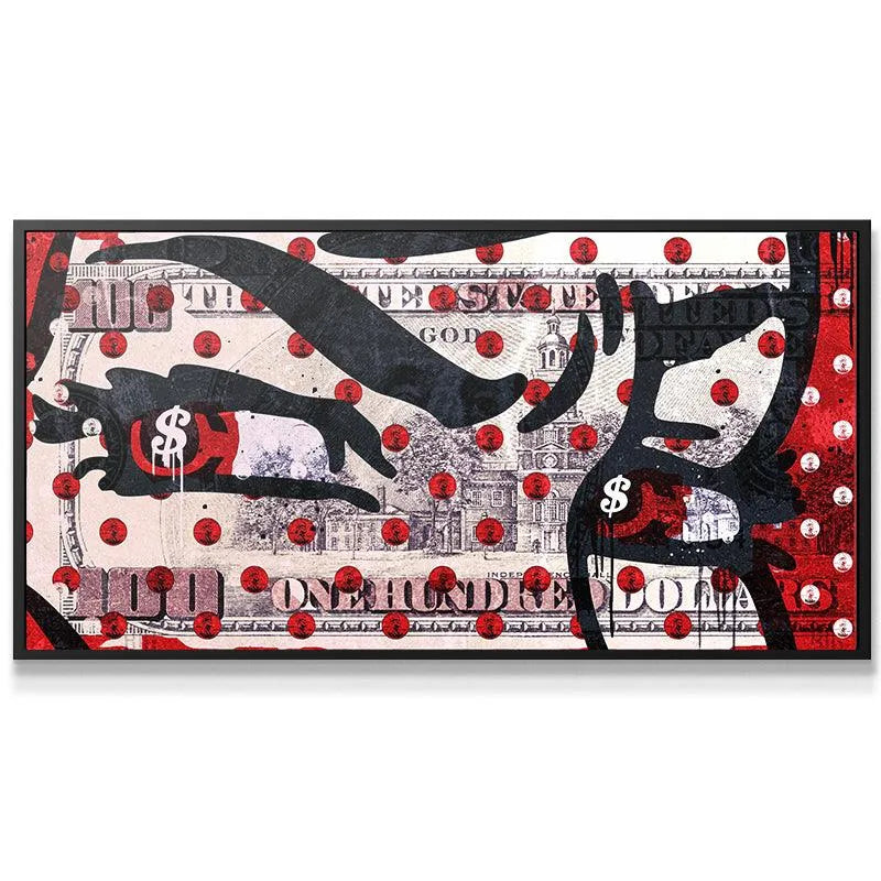Close-up texture of 'Greedy Eyes' showing distressed paint splatter and red polka dots.