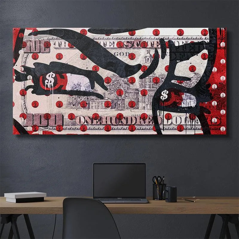 Lifestyle view of large format contemporary wall art, titled Greedy Eyes, hanging in a modern living room.
