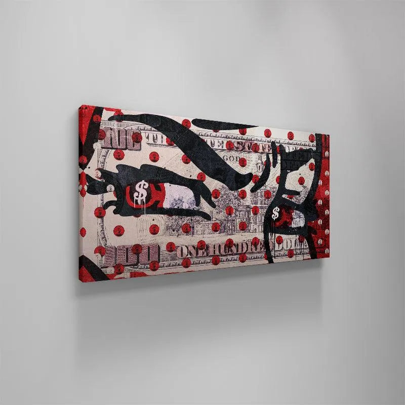 The dramatic high contrast palette of black, red, and beige in the Greedy Eyes artwork.