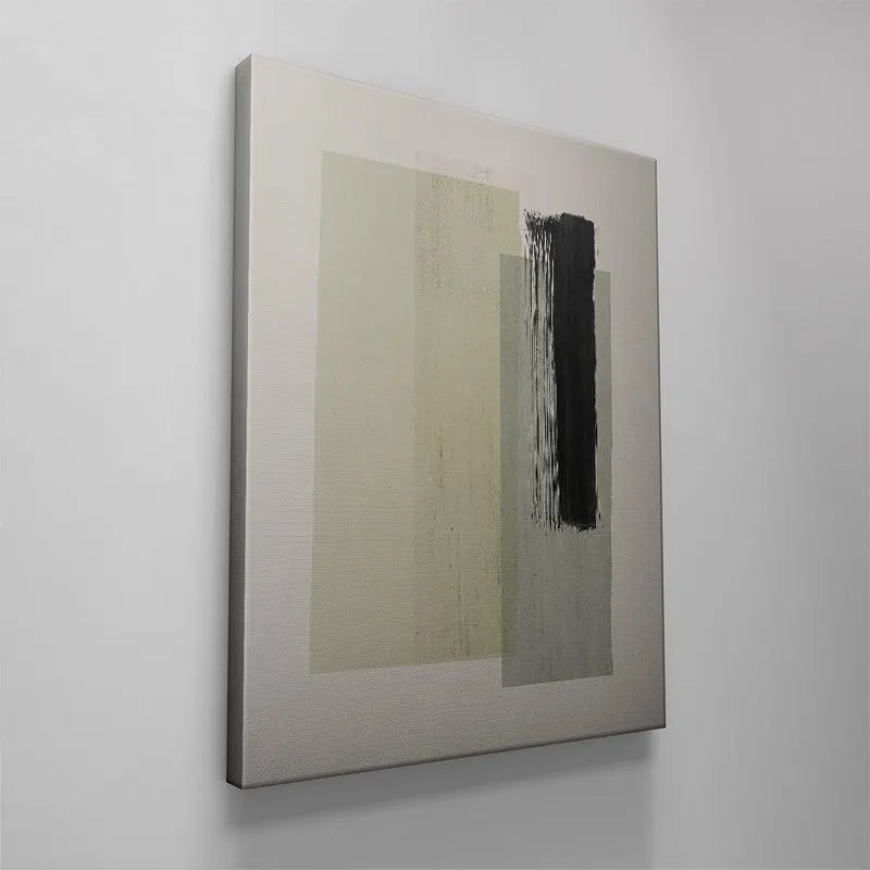 Abstract artwork featuring strong vertical composition and soft, neutral Green background colors.