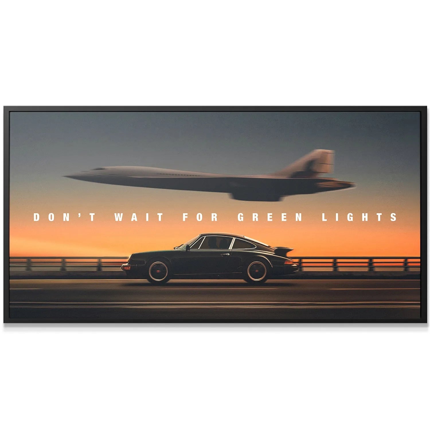 Wide shot of the supersonic jet blurring over the sunset highway print, highlighting the Green Lights theme.