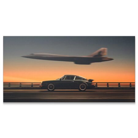 Full panoramic view of the action art 'Green Lights - No Quote' showing the motion blur of the road beneath the speeding car.