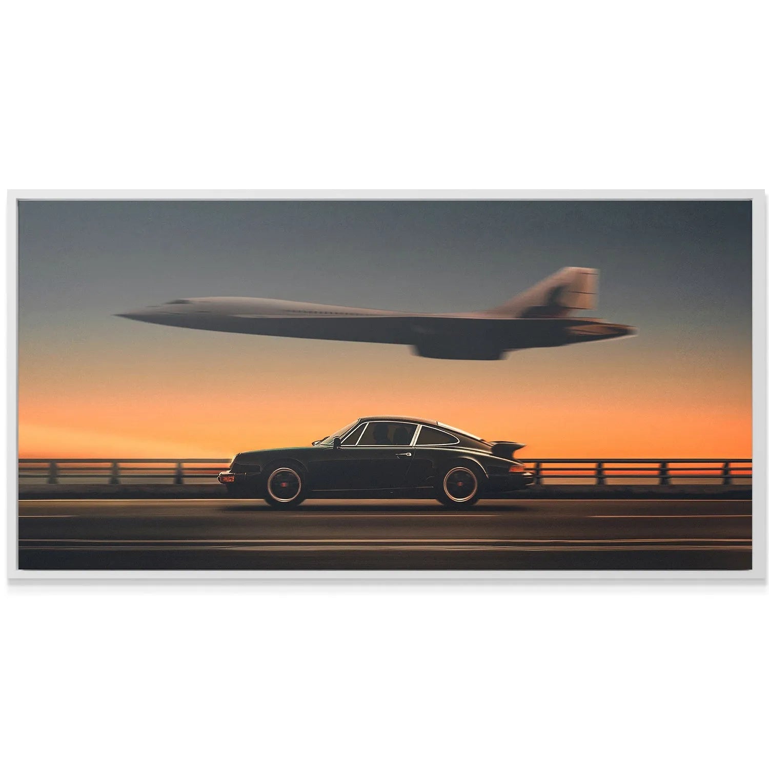 Blurred image of the Concorde-style supersonic jet flying low over the car, central element of 'Green Lights - No Quote'.