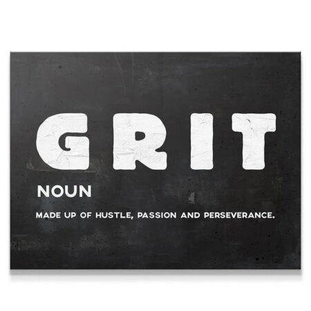Full frontal view of the 'Grit' motivational chalkboard style poster hanging on an office wall.