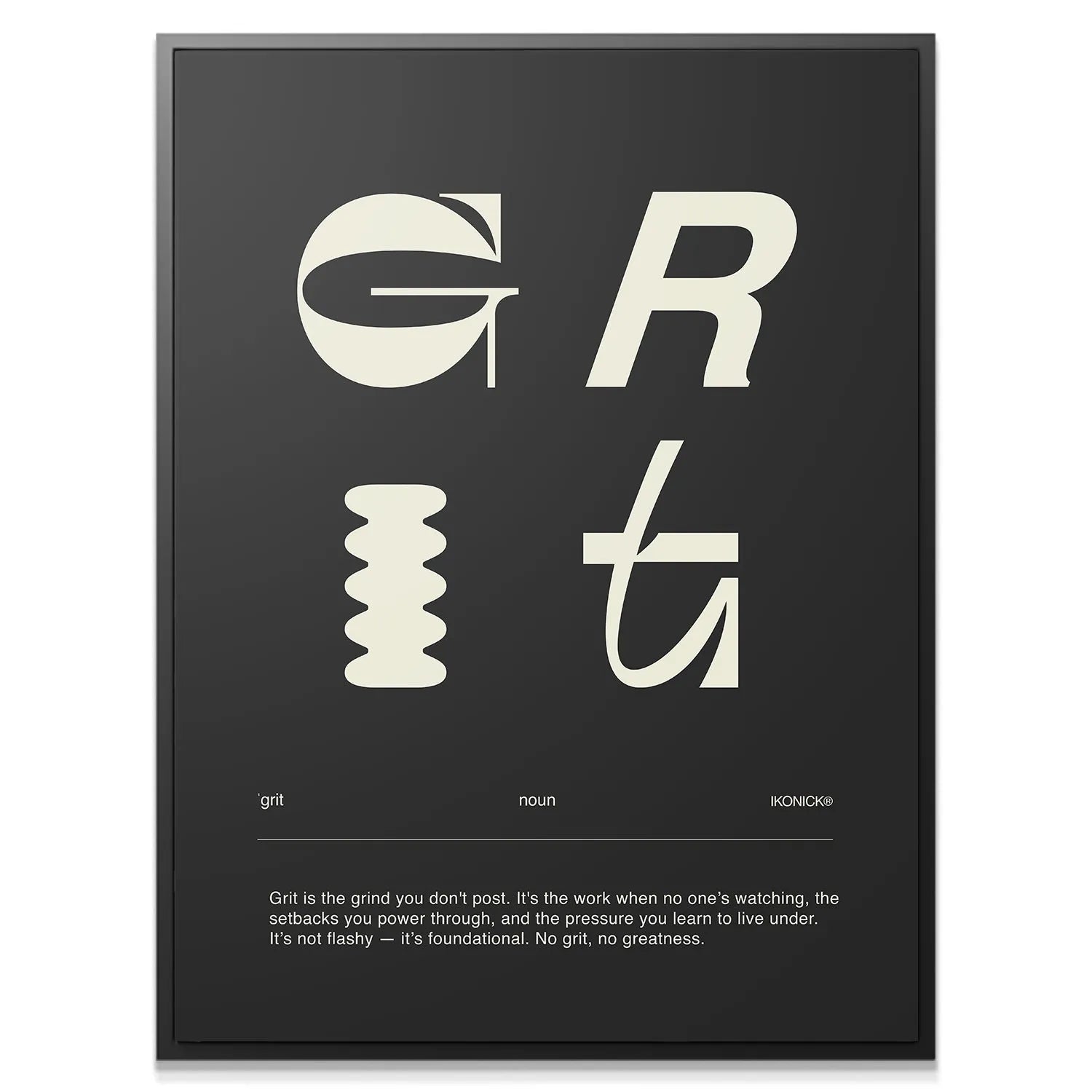 Close-up detailed crop highlighting the stylized 'G' and 'R' letters of the Grit Definition - Dark poster.