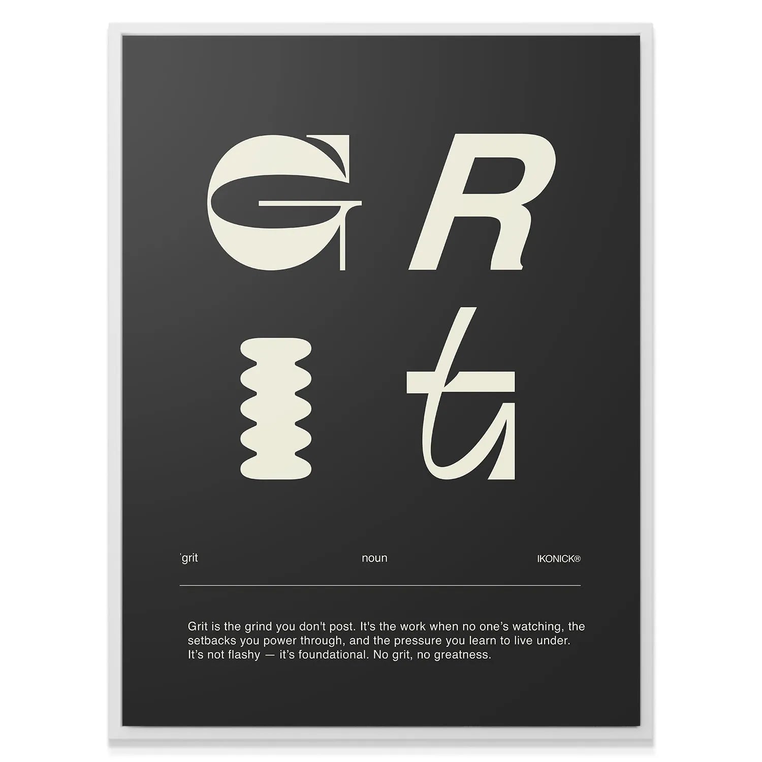 Angled shot of the motivational Grit Definition - Dark wall art mounted in a modern home office setting.