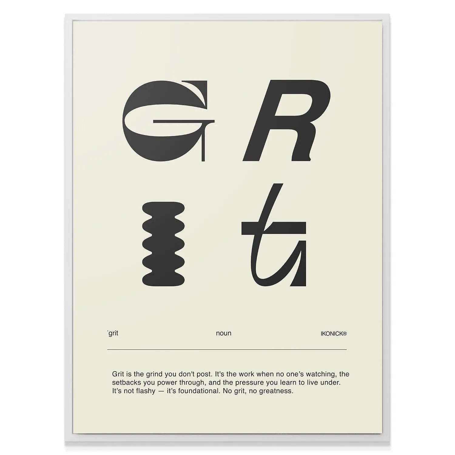 Lifestyle shot of the framed Grit Definition - Light art hanging above a minimalist office desk setup.