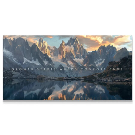 Wide angle panoramic canvas of mountains and reflective lake inspiring personal Growth.