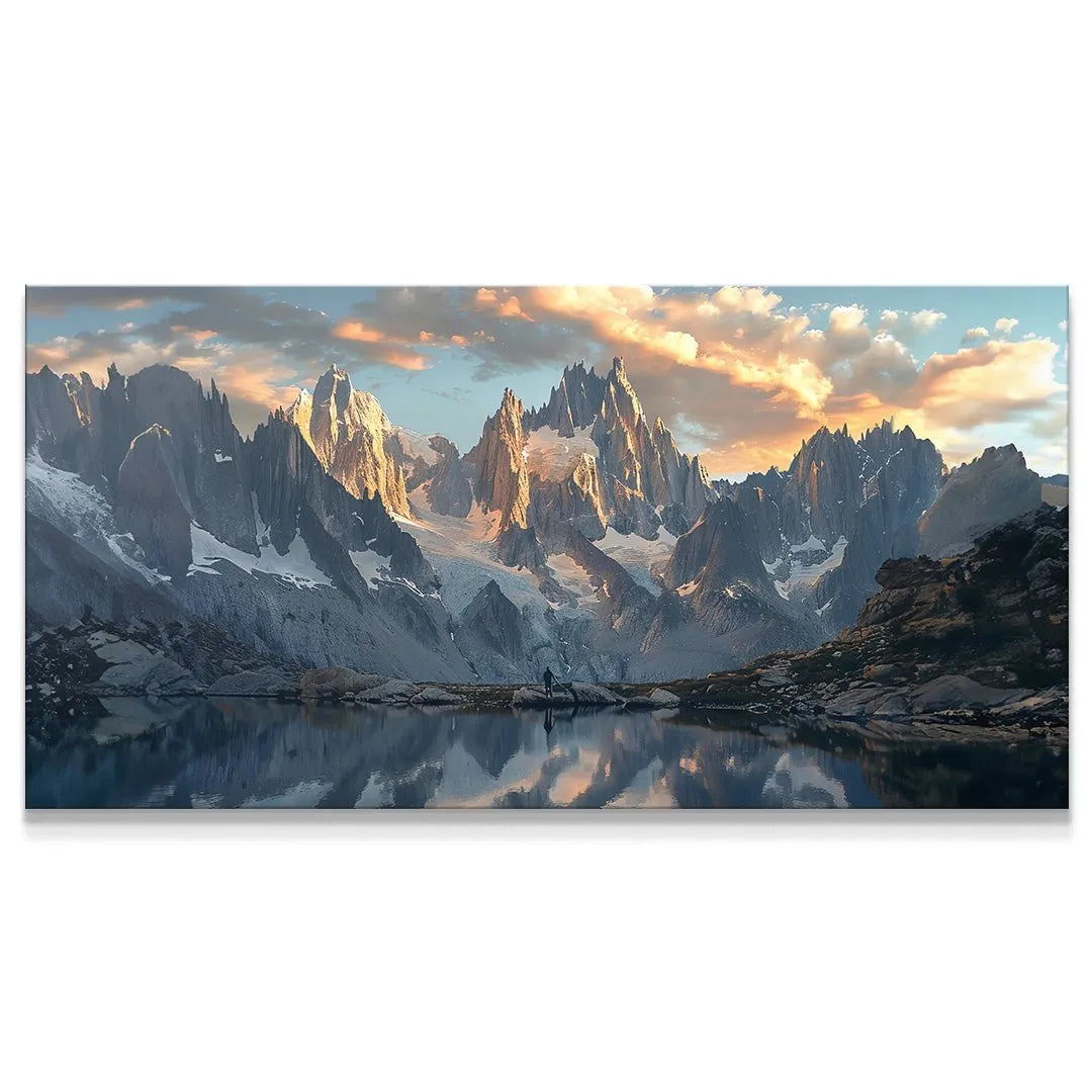 Panoramic vista of jagged mountain range reflecting in water, titled Growth (No Quote).