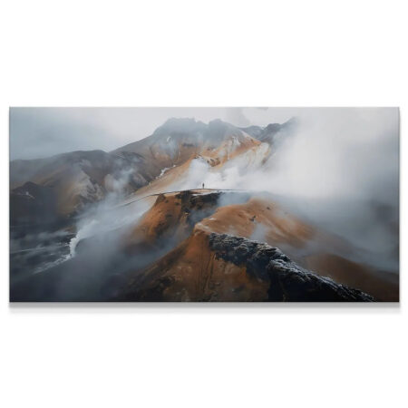 Wide panoramic view of misty, volcanic mountains illustrating 'Growth Starts Where Comfort Ends (No Quote)'.