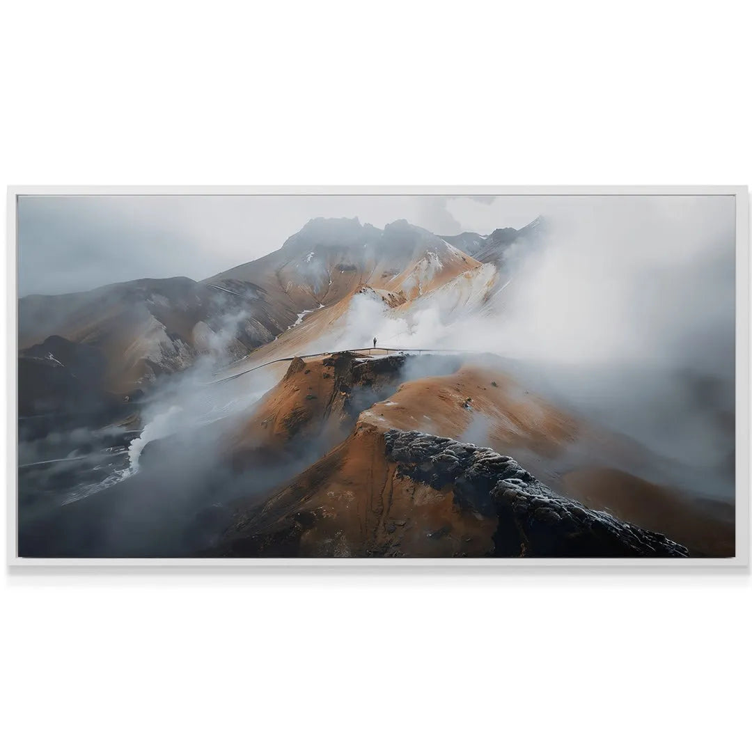 Solitary figure standing on a narrow, misty ridge, symbolizing the journey where 'Growth Starts Where Comfort Ends (No Quote)'.