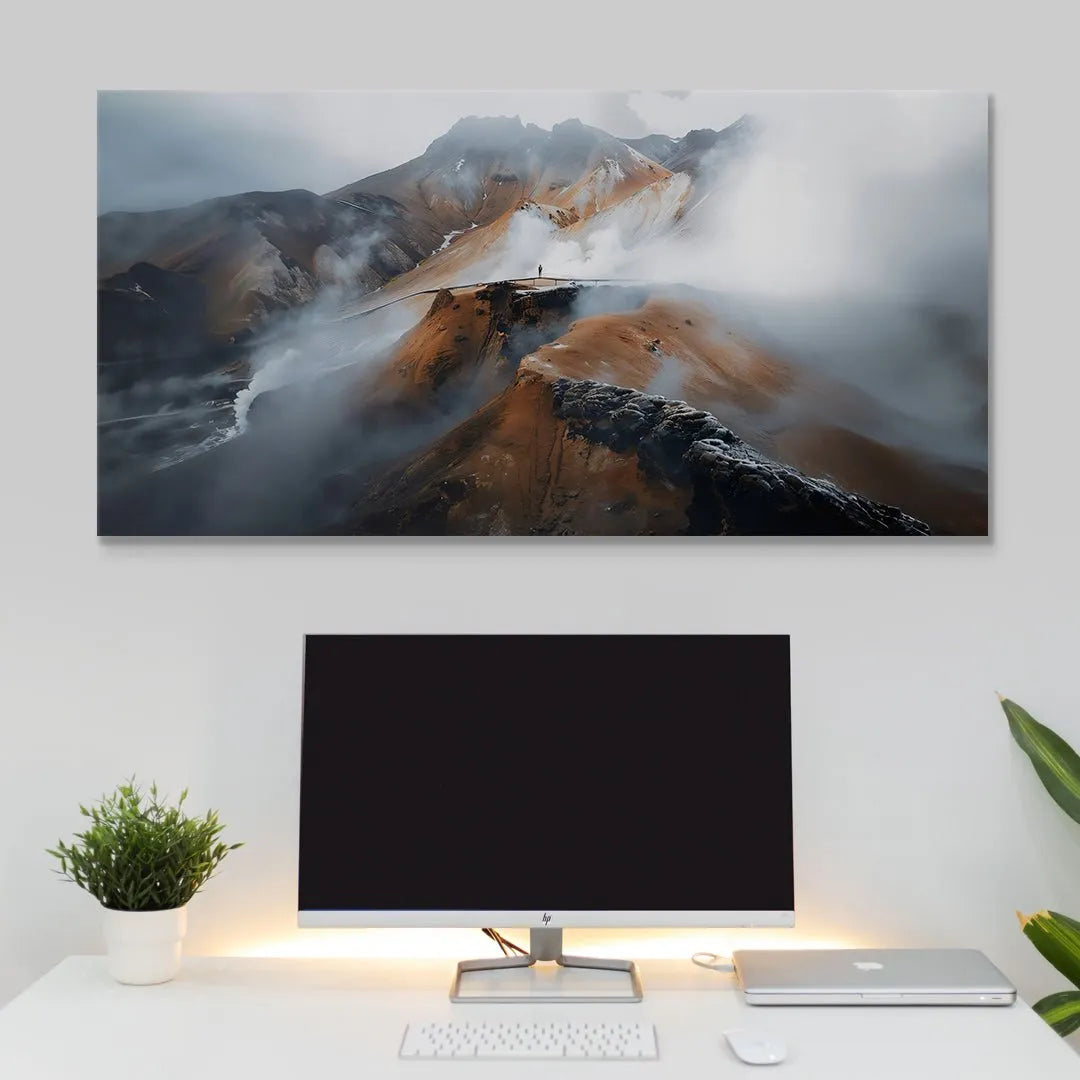 Atmospheric shot showing low fog and geothermal steam rising from the valley, reflecting 'Growth Starts Where Comfort Ends (No Quote)'.