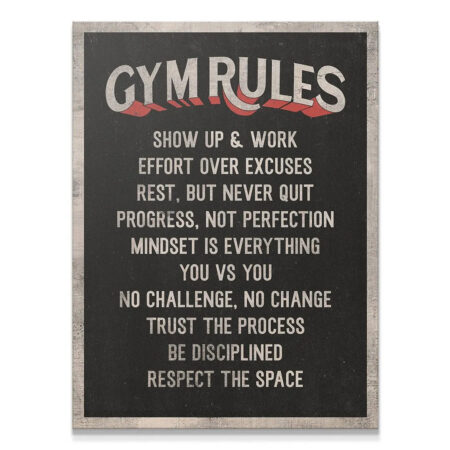 Front view of the distressed black and white motivational Gym Rules poster.