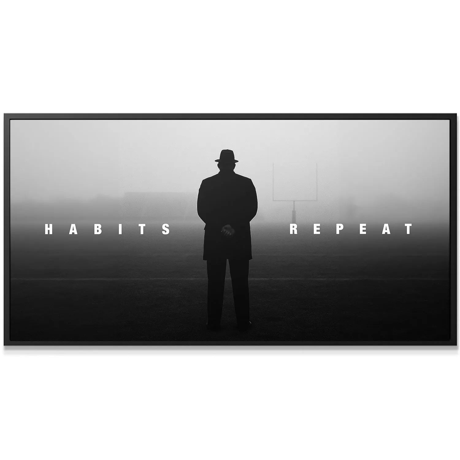 Close-up detail of the coach's silhouette and fedora hat, reinforcing the serious message of 'Habits Repeat'.