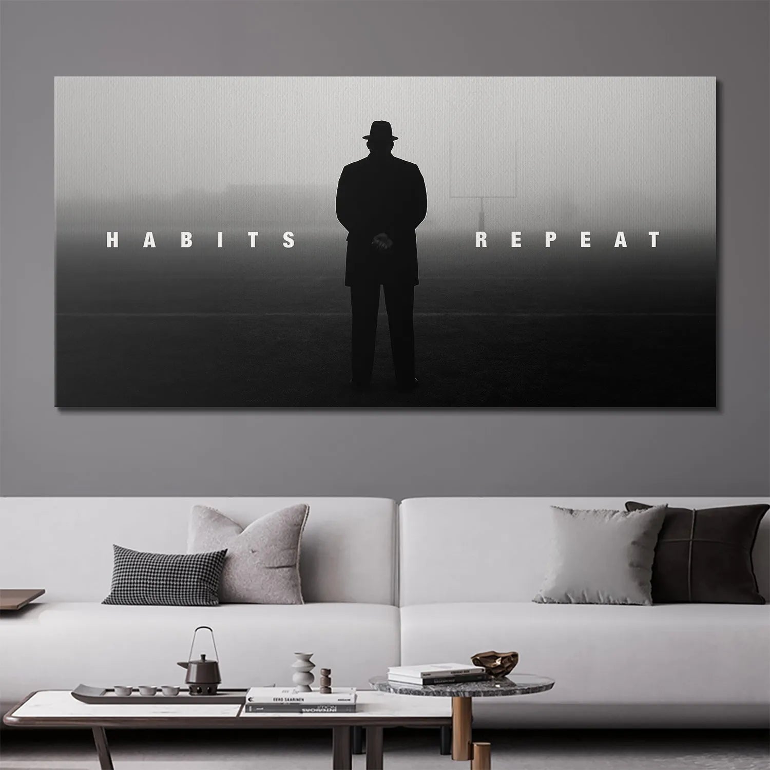 Side angle perspective of the large format wall print titled 'Habits Repeat' showcasing the high-quality canvas texture.