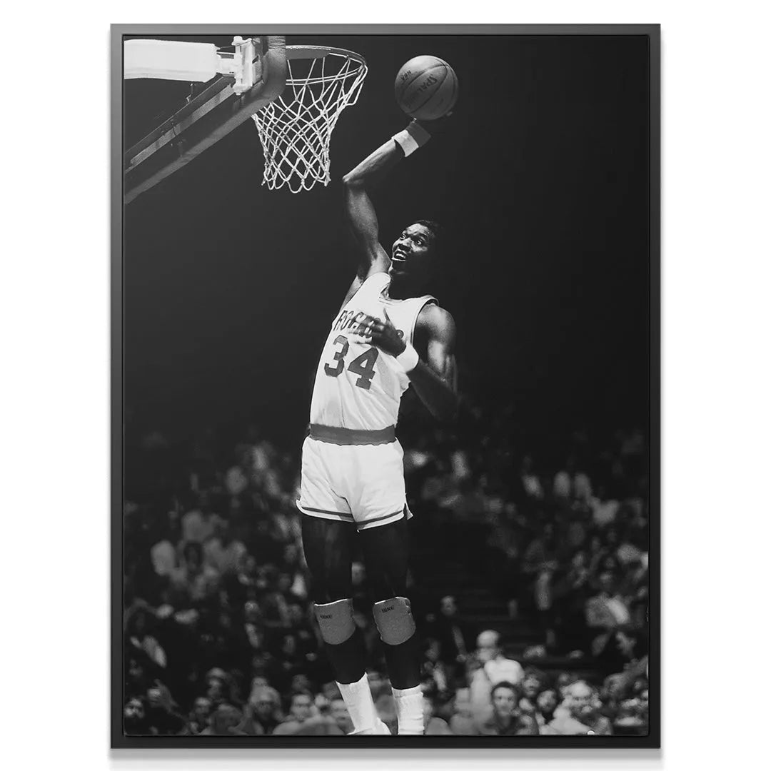 Wide angle shot capturing the entire court atmosphere and the crowd with Hakeem Olajuwon - #2 flying high.