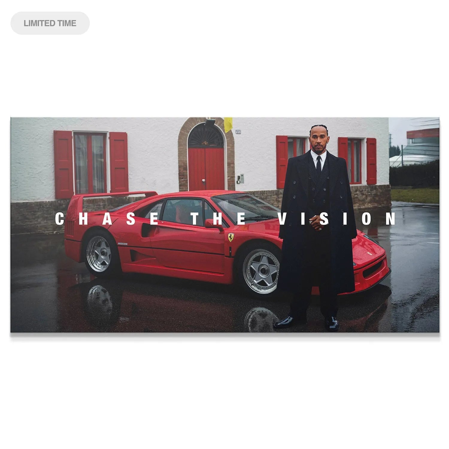 Full shot of Lewis Hamilton and red Ferrari F40 on wet ground, defining Hamilton - Chase The Vision art.