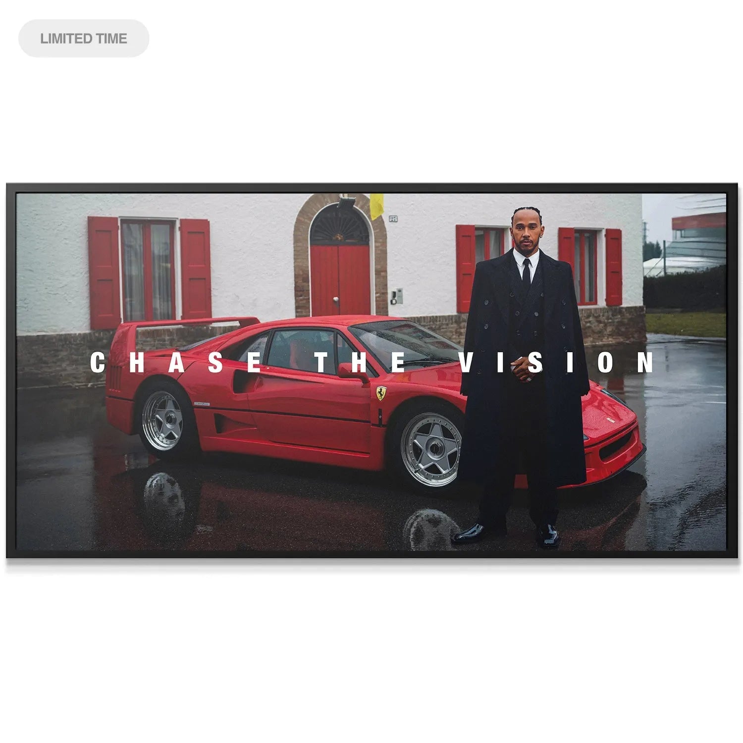 Close-up detail of Lewis Hamilton's serious expression and black overcoat in Hamilton - Chase The Vision.