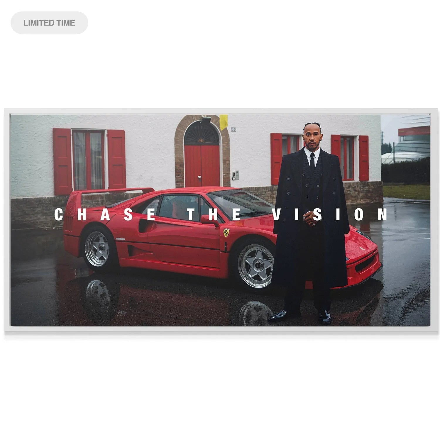 Side angle view of the Ferrari F40's aggressive rear wing and classic wheel design in the limited edition Hamilton - Chase The Vision print.