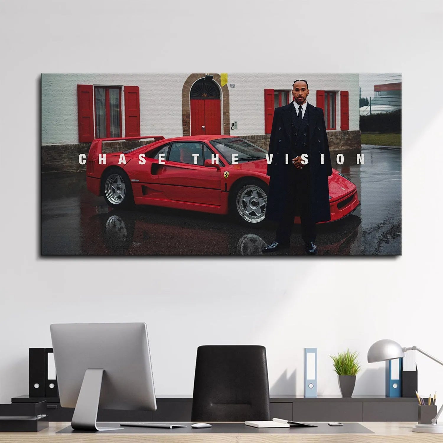 Lifestyle context showing the dramatic reflection of the F40 on the damp pavement in Hamilton - Chase The Vision artwork.