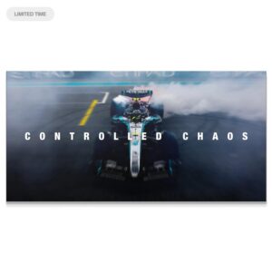Dynamic aerial view of the F1 car in motion blur for the Hamilton - Controlled Chaos artwork.