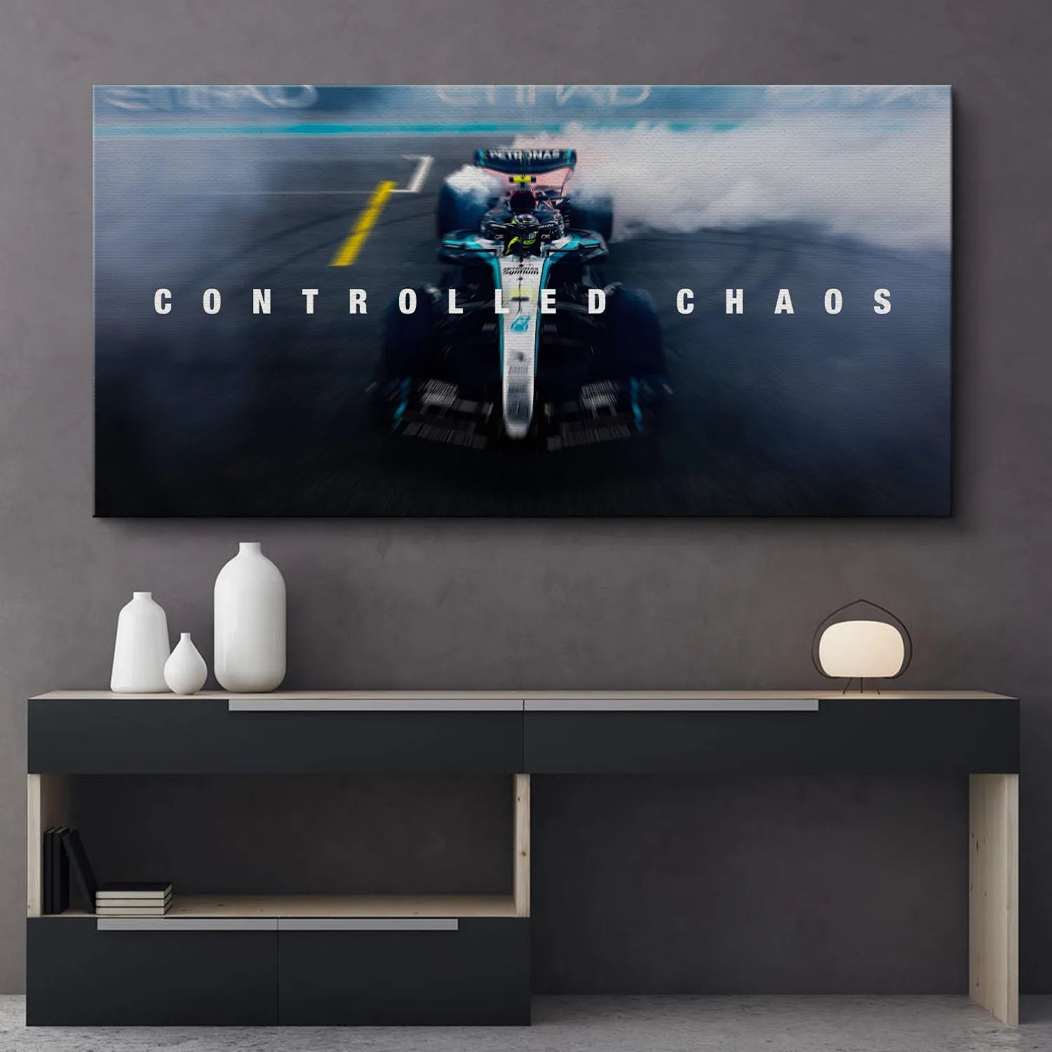 Wide-angle perspective highlighting the speed and massive smoke trail in the Hamilton - Controlled Chaos poster.