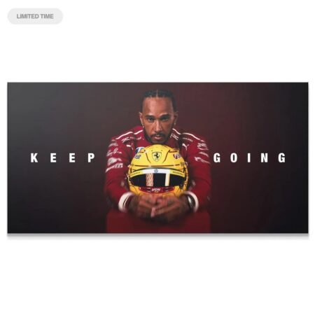 Close-up of Lewis Hamilton's determined face, framed by the text "Keep Going" on the limited edition Hamilton - Keep Going poster.