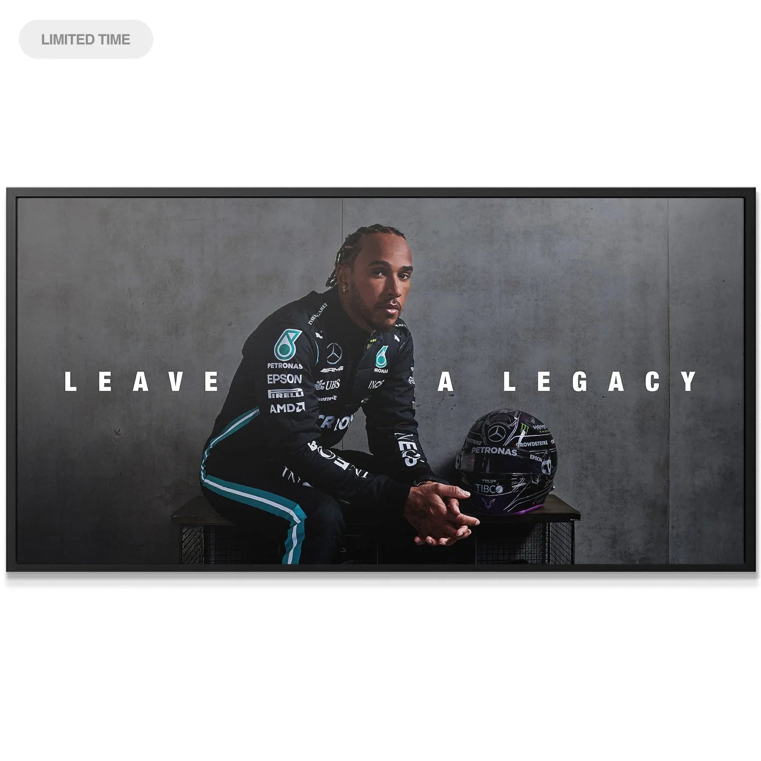 Full-frame shot of the artwork showing Hamilton in his Mercedes race suit against the grey concrete wall for Hamilton - Leave A Legacy.