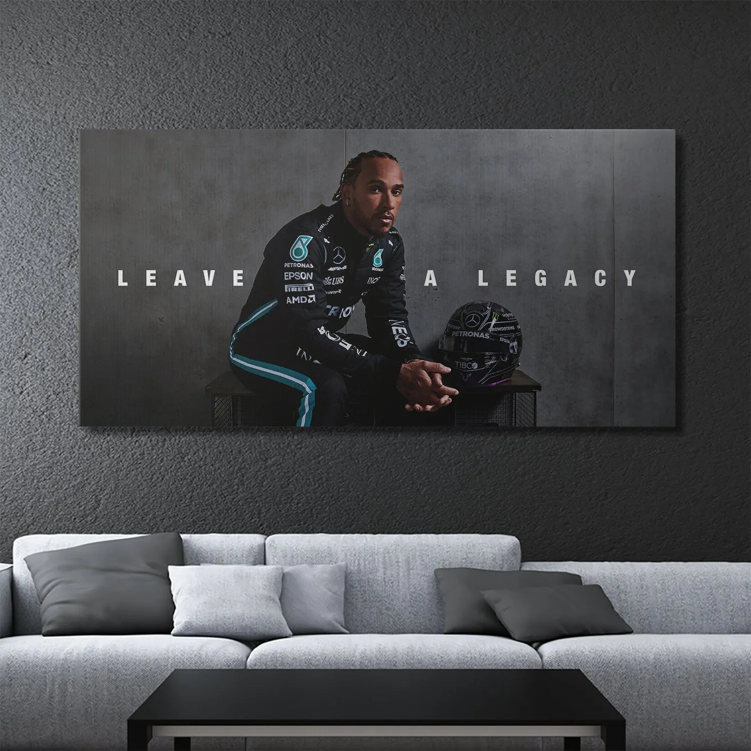 Detailed view of the purple and black F1 helmet resting on a bench next to Hamilton in the Hamilton - Leave A Legacy artwork.