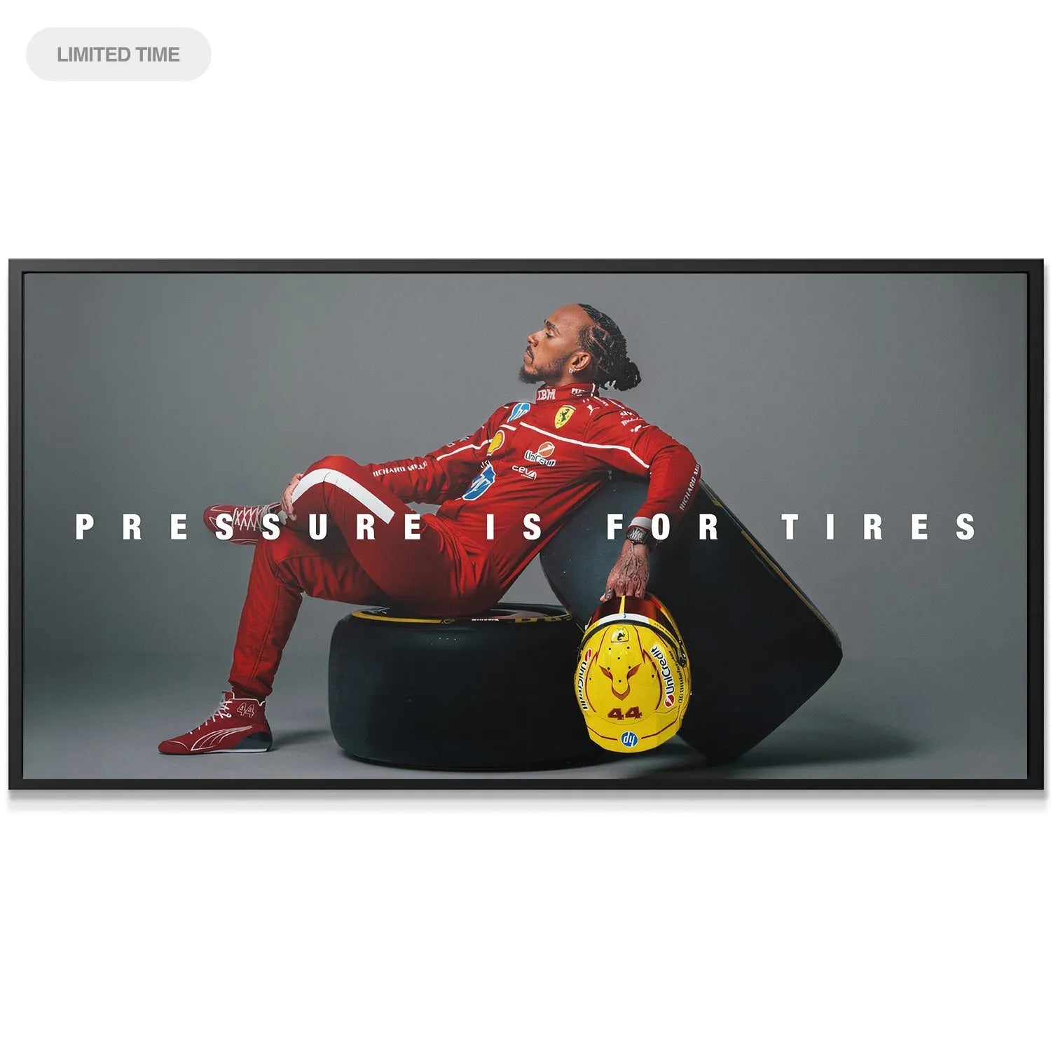 Close-up of Hamilton's reflective profile and braided hairstyle in the "Hamilton - Pressure Is for Tires" artwork.