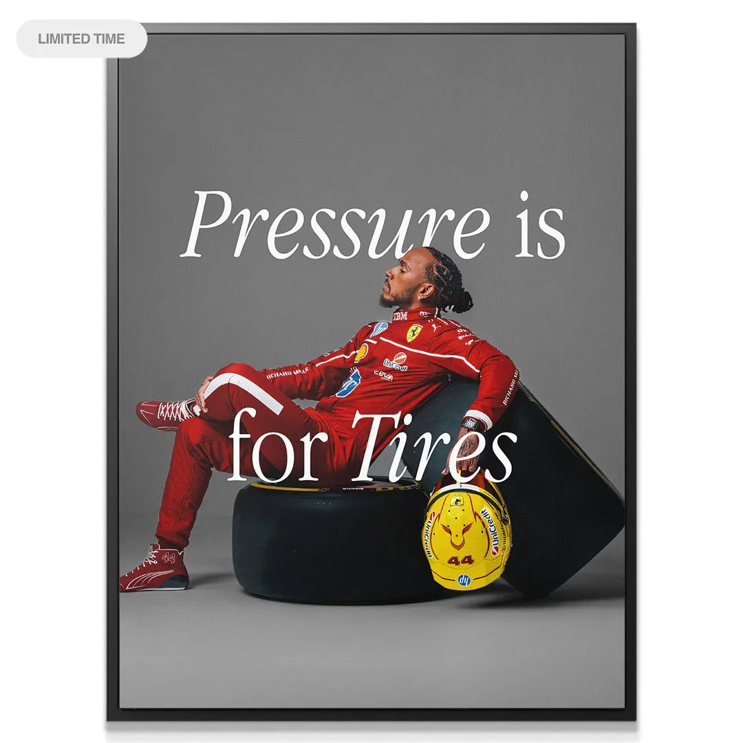 Close-up shot of Hamilton's profile and face, emphasizing the composed intensity of the 'Hamilton - Pressure Is For Tires' artwork.