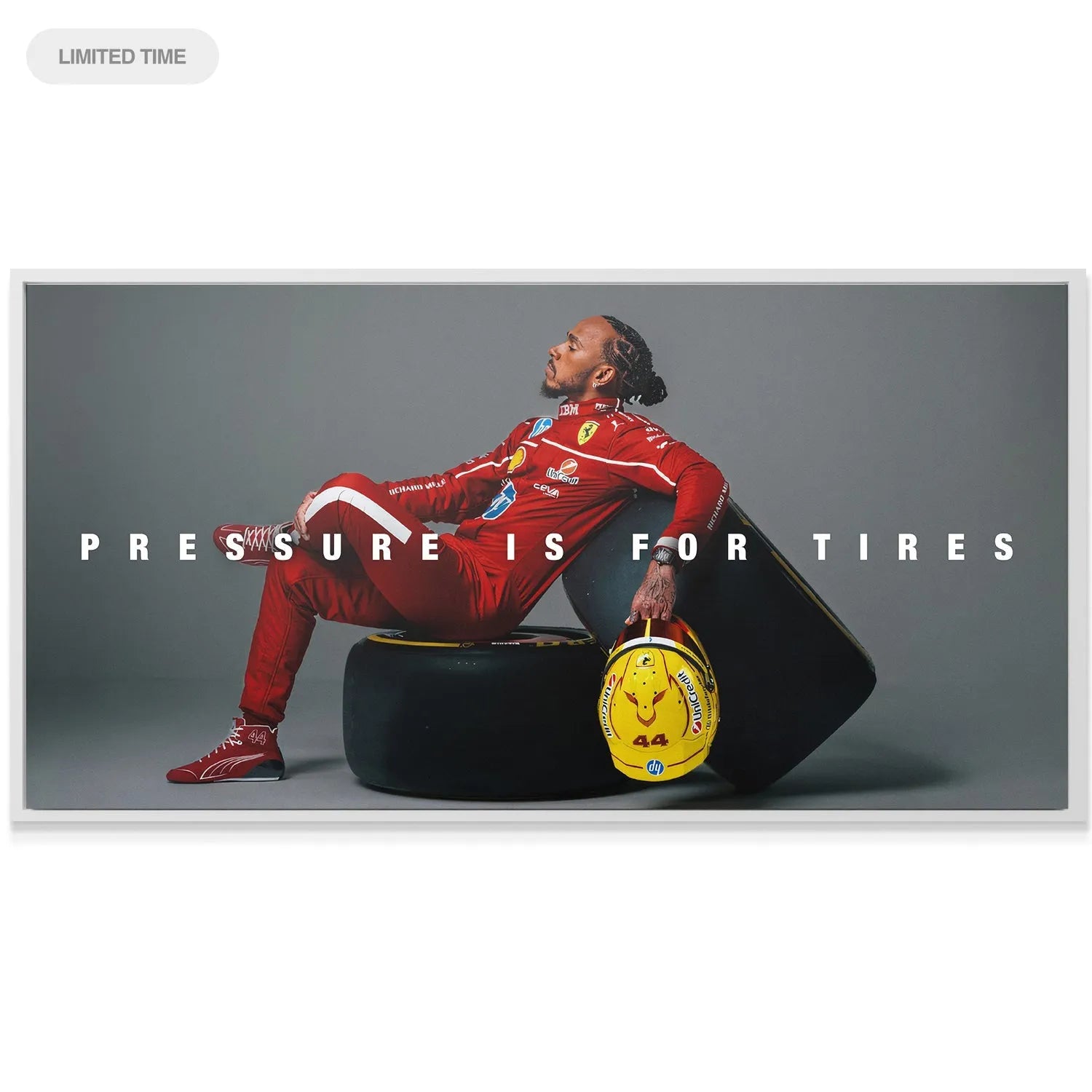 Low-angle perspective highlighting the red racing boots and suit details next to the tire in the "Hamilton - Pressure Is for Tires" print.