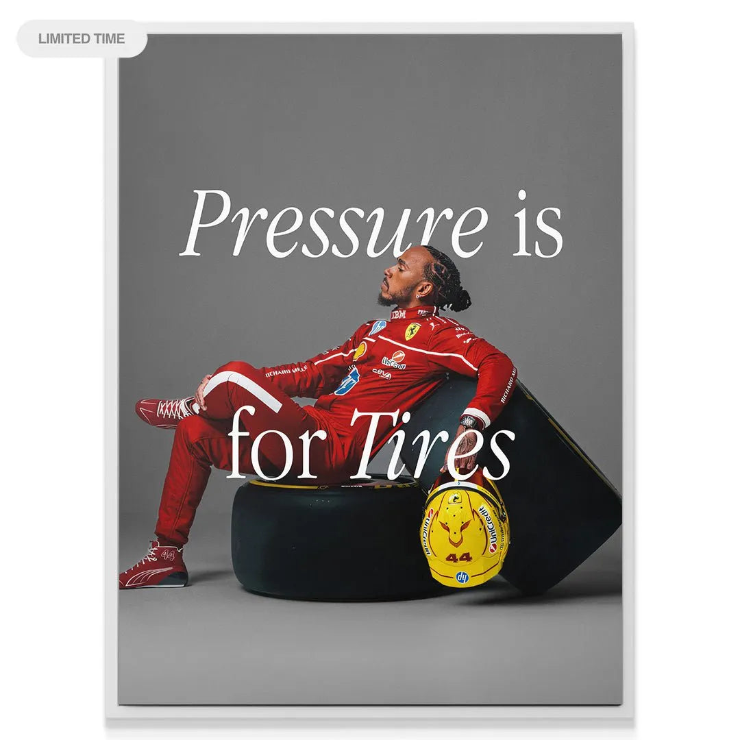 Detail view of the red race suit texture and sponsor patches included in the 'Hamilton - Pressure Is For Tires' print.