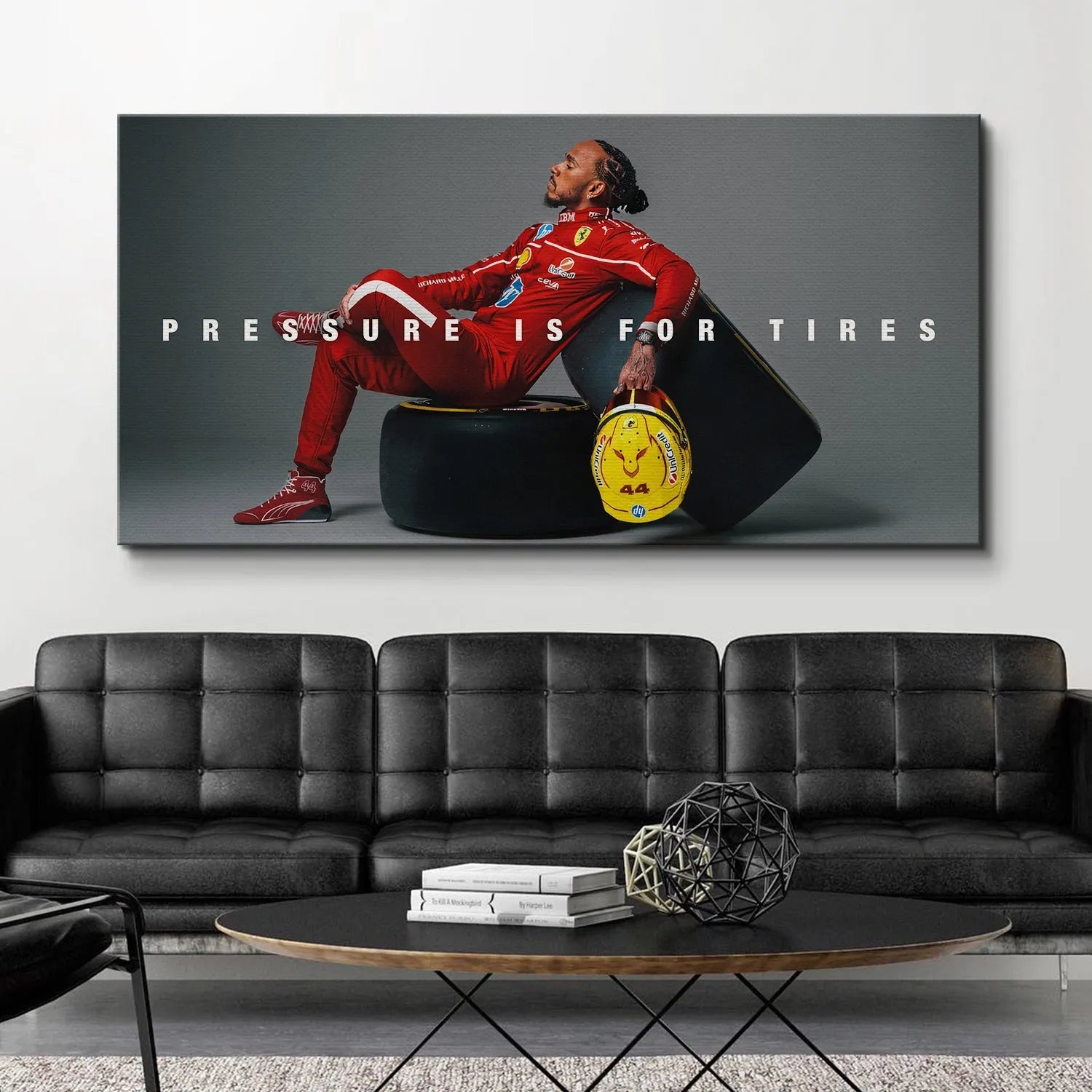 Detail shot of the iconic yellow #44 helmet held casually in Hamilton's hand in the "Hamilton - Pressure Is for Tires" image.