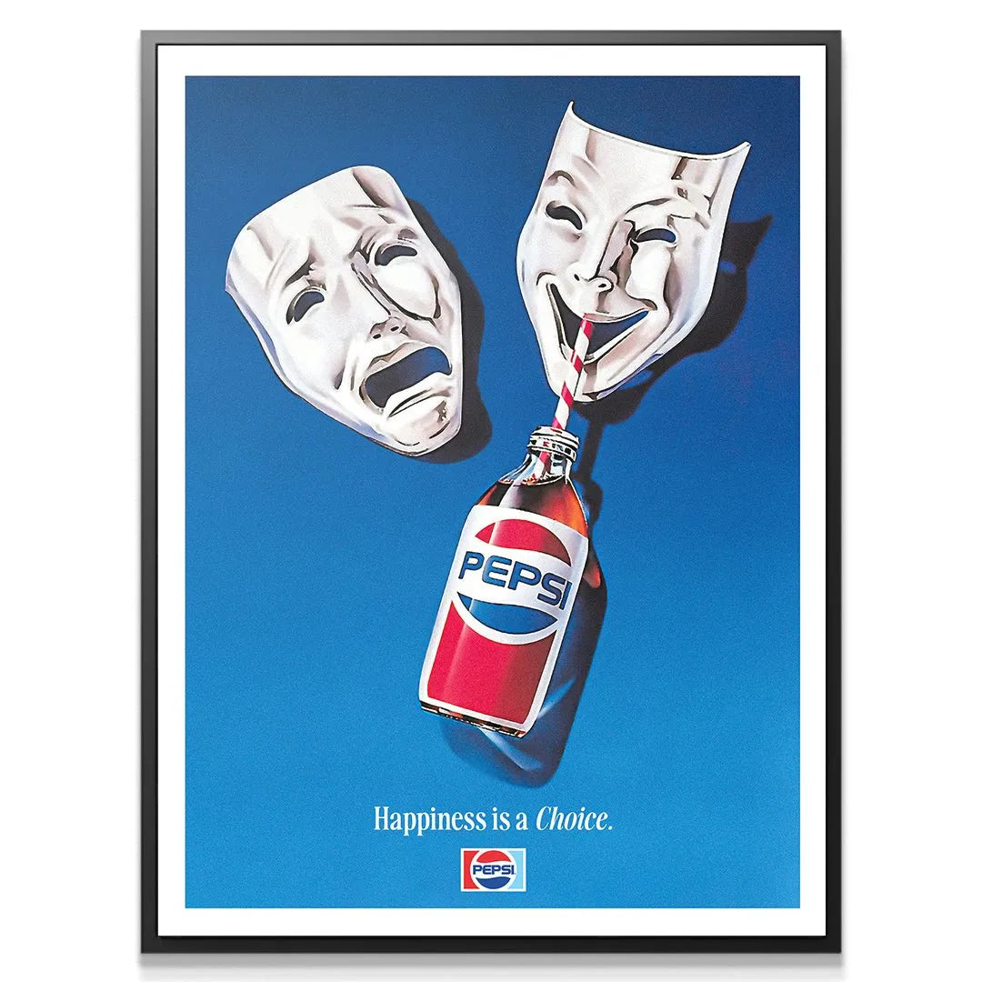 Close-up of the joyful mask drinking Pepsi via a straw, emphasizing 'Happiness Is A Choice'.