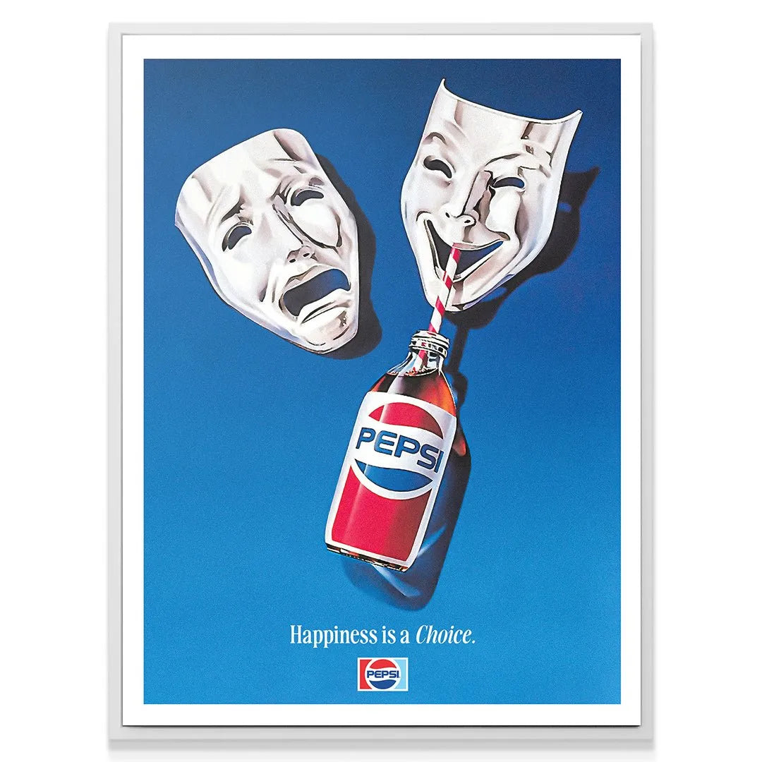 Detailed view of the crying tragedy mask's shadowed texture next to the cheerful theme 'Happiness Is A Choice'.