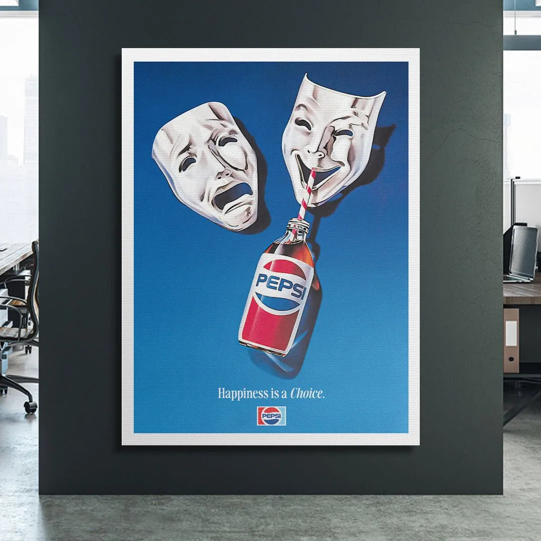 Low angle shot of the classic Pepsi bottle logo centered below the bold phrase 'Happiness Is A Choice'.