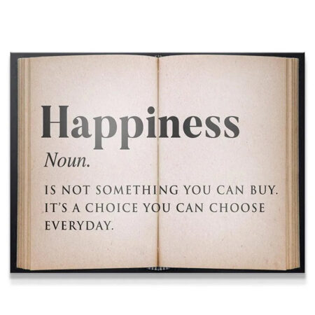 Full view of the motivational dictionary definition print, Happiness - Open Book, showing aged paper texture.