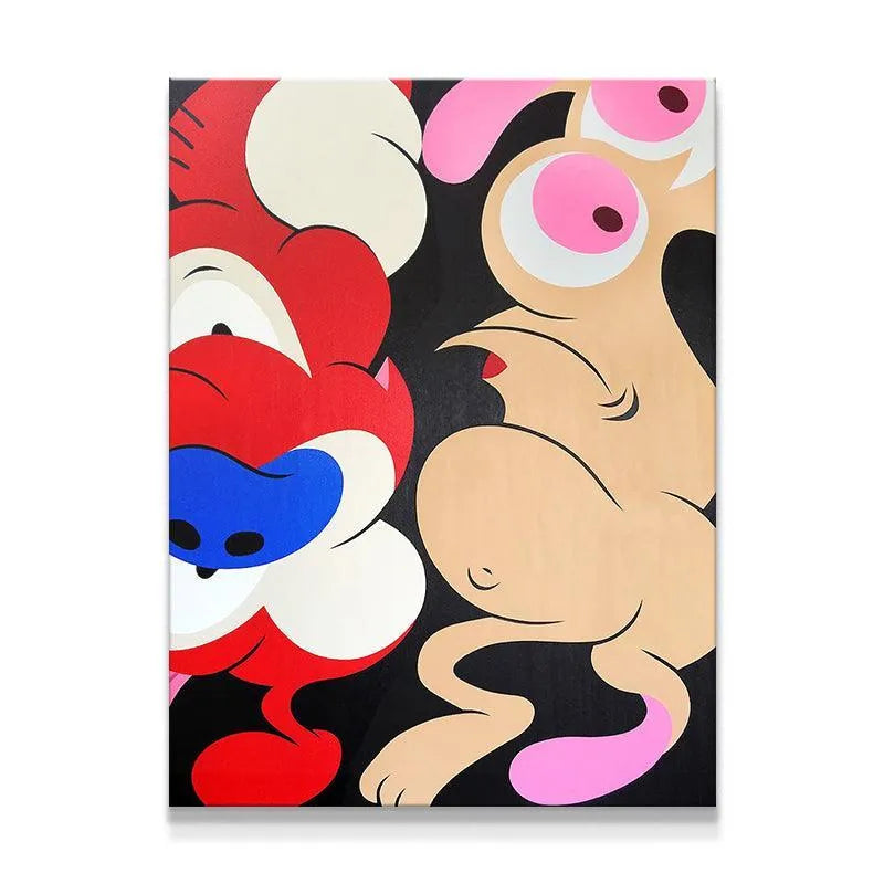 Full frontal view of the 'Happy Happy Joy Joy' vibrant pop art canvas featuring Ren and Stimpy.