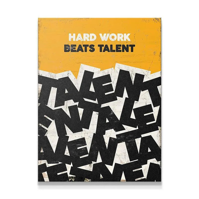 Close-up texture view of the yellow and black typography in the motivational print titled Hard Work Beats Talent.