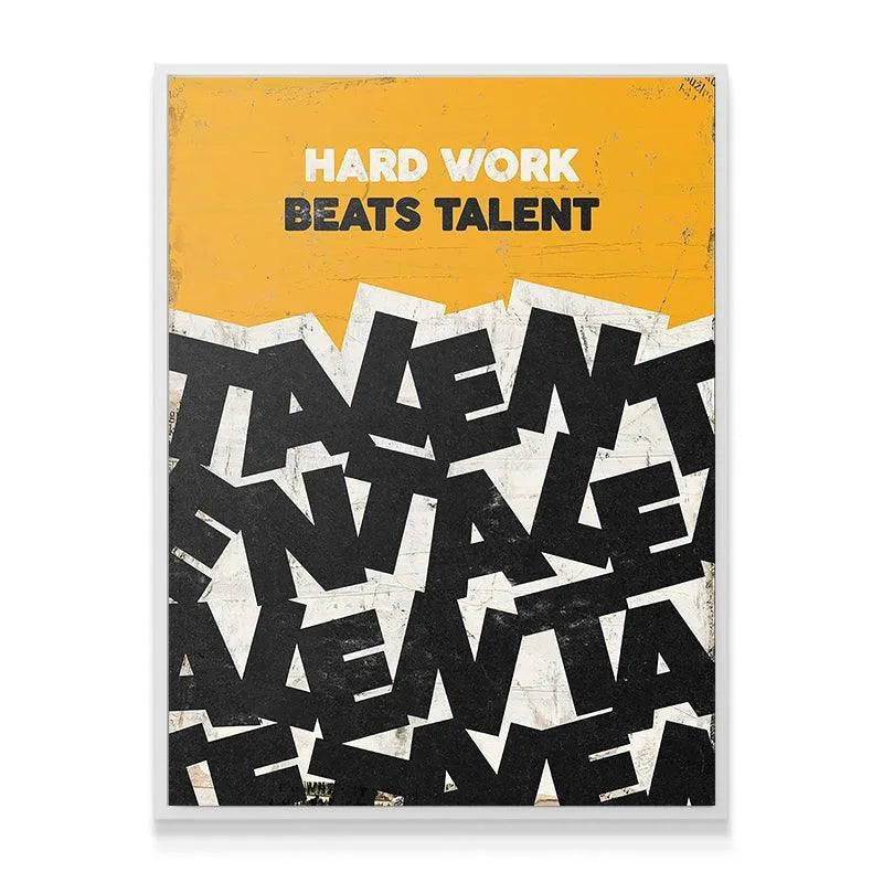 Detailed shot of the overlapping 'TALENT' text chaos below the core success message Hard Work Beats Talent.