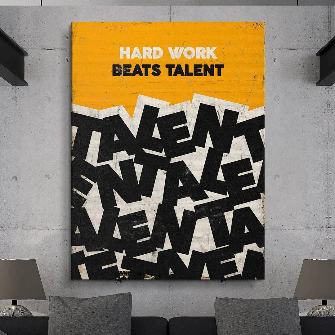 Motivational artwork featuring the distressed, vintage-style typography of Hard Work Beats Talent, viewed from a side angle.